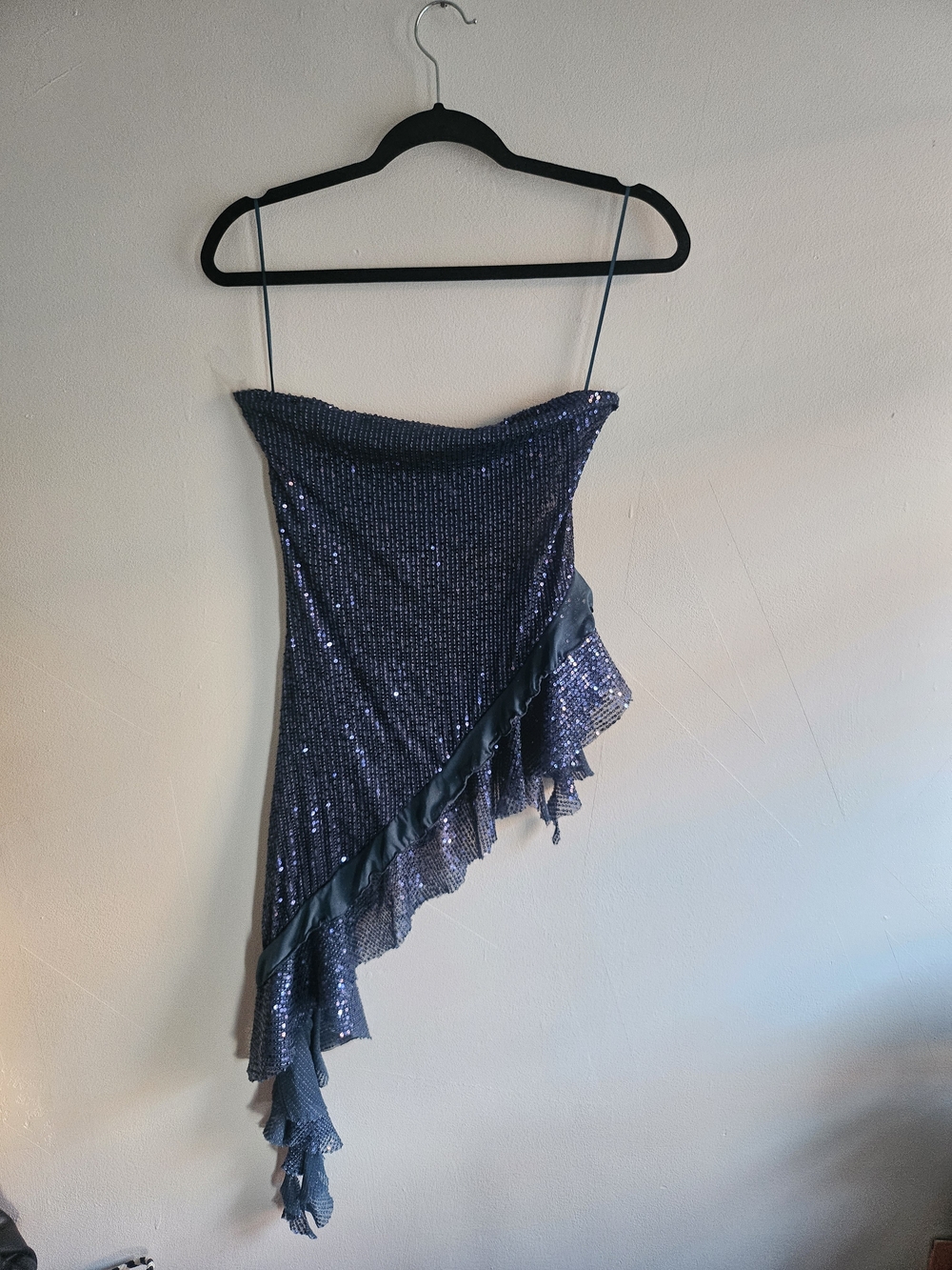 Free People Navy Blue Sequin Asymmetric Ruffle Strapless Top